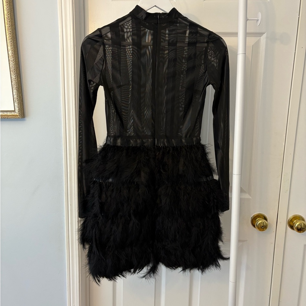 PrettyLittleThing Black Semi Sheer Feathered Long Sleeve Dress Size 0 - Picture 14 of 14